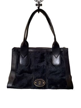Fossil Vintage Re-Issue Satchel top-zip 
black leather calf hair panels PRISTINE